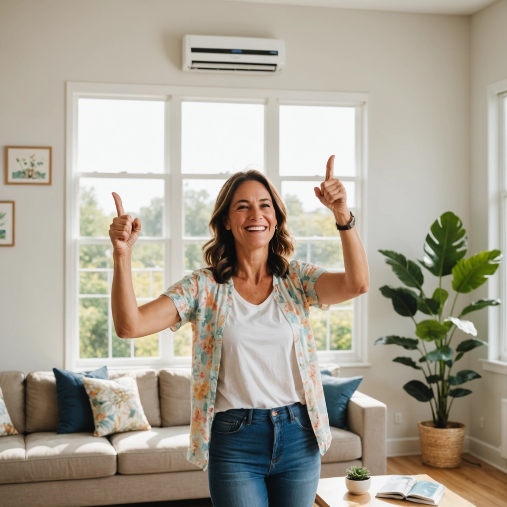 A woman with a joyful expression points upwards in a bright, modern living room.